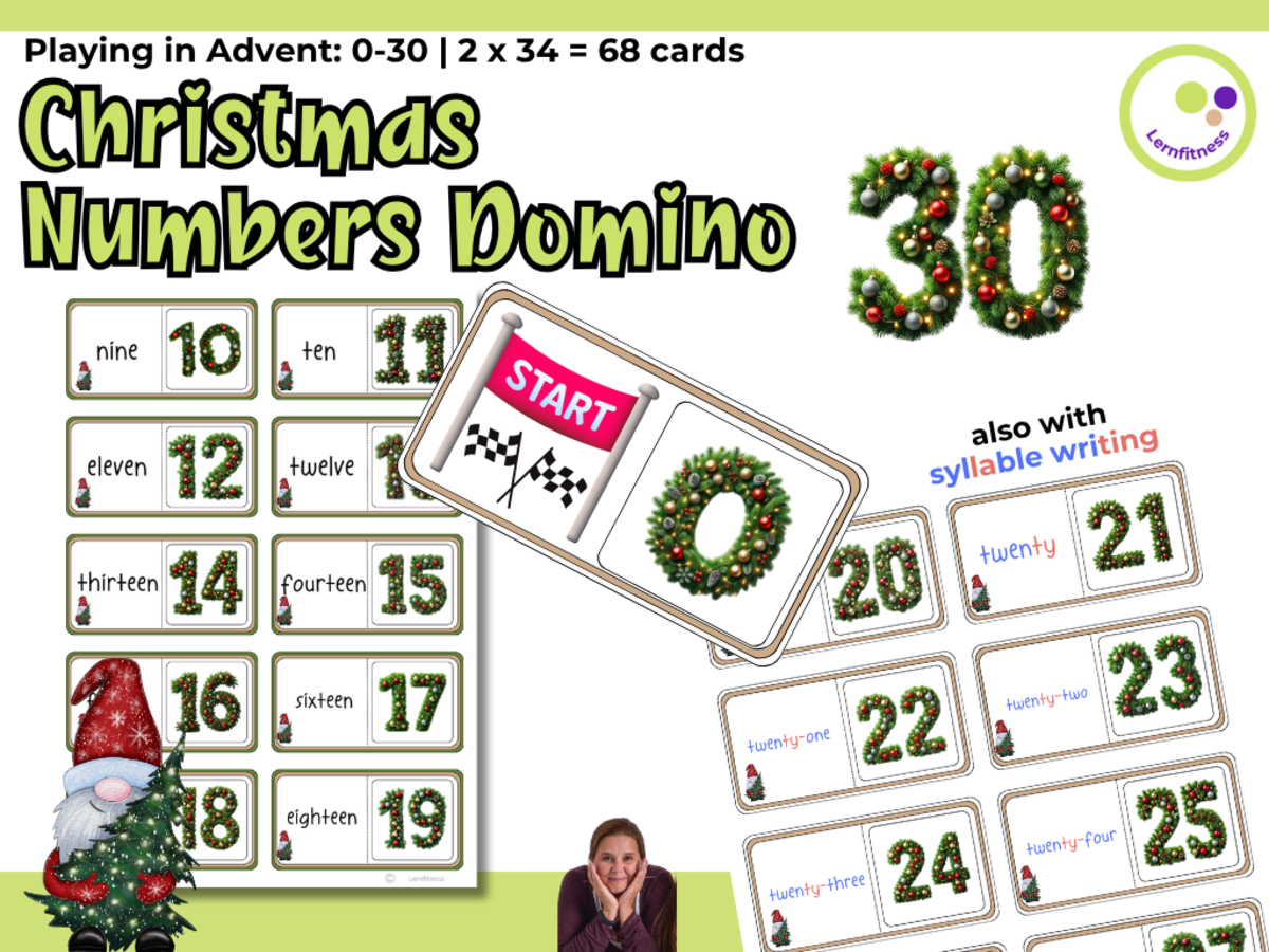 An educational teaching resource from Lernfitness entitled Christmas Number Domino – Match Numbers and Number Words (0–30) downloadable at Teach Simple.