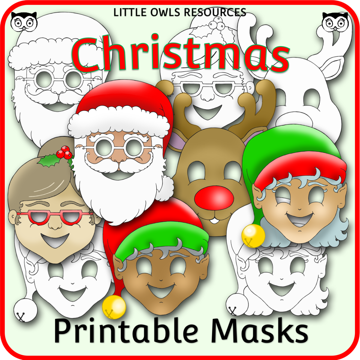 An educational teaching resource from Little Owls Resources entitled Christmas Printable Masks - Full-Color and Coloring versions included downloadable at Teach Simple.