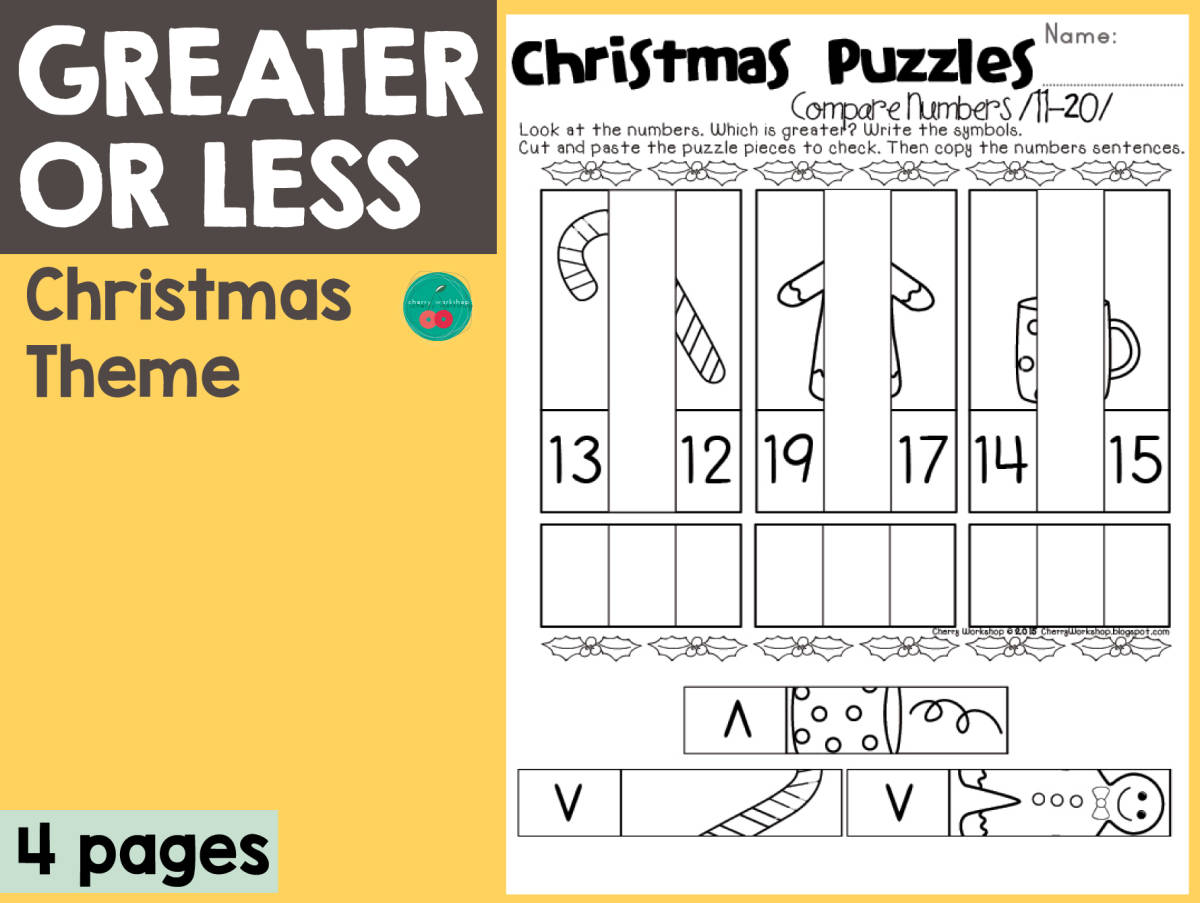 An educational teaching resource from Cherry Workshop entitled Christmas Puzzles - Greater or Less downloadable at Teach Simple.