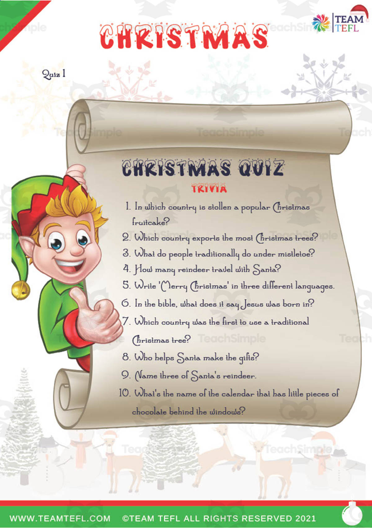 An educational teaching resource from TEAM TEFL entitled Christmas Quizzes downloadable at Teach Simple.