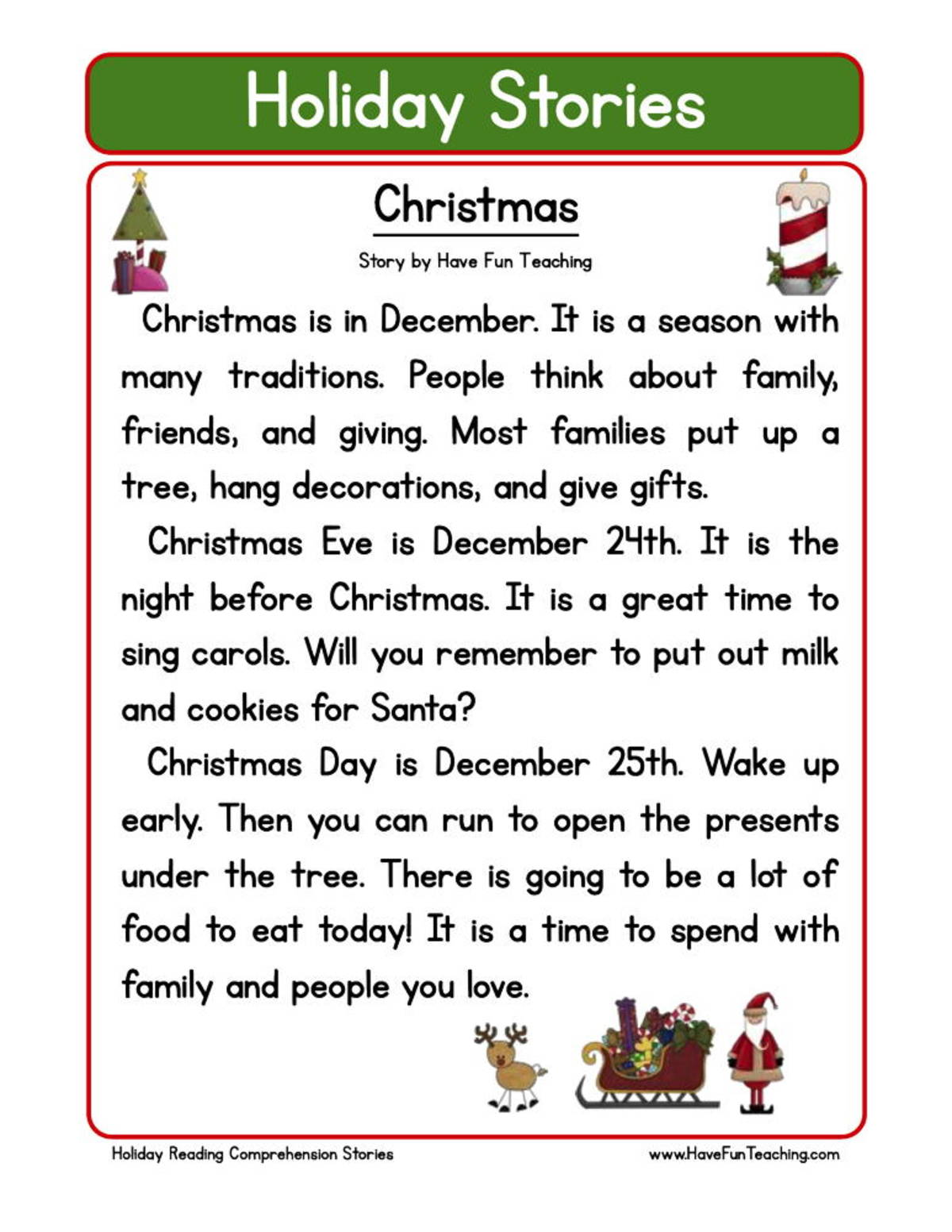 An educational teaching resource from Have Fun Teaching entitled Christmas Reading Comprehension Worksheet downloadable at Teach Simple.