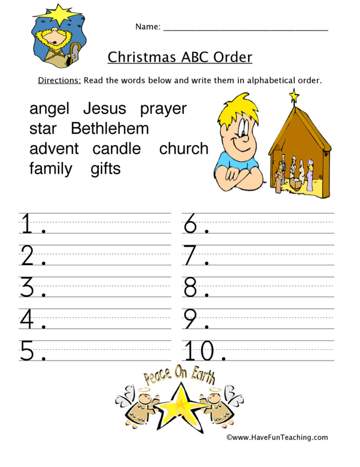 An educational teaching resource from Have Fun Teaching entitled Christmas Religious ABC Order Worksheet downloadable at Teach Simple.