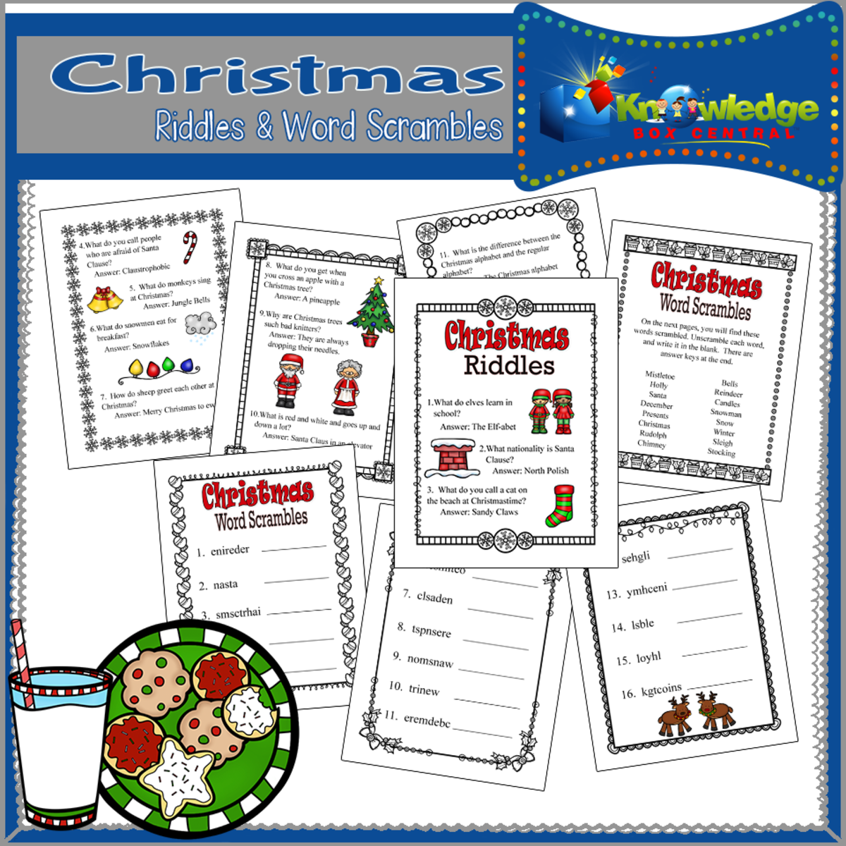 An educational teaching resource from Knowledge Box Central entitled Christmas Riddles & Word Scrambles - EBOOK downloadable at Teach Simple.