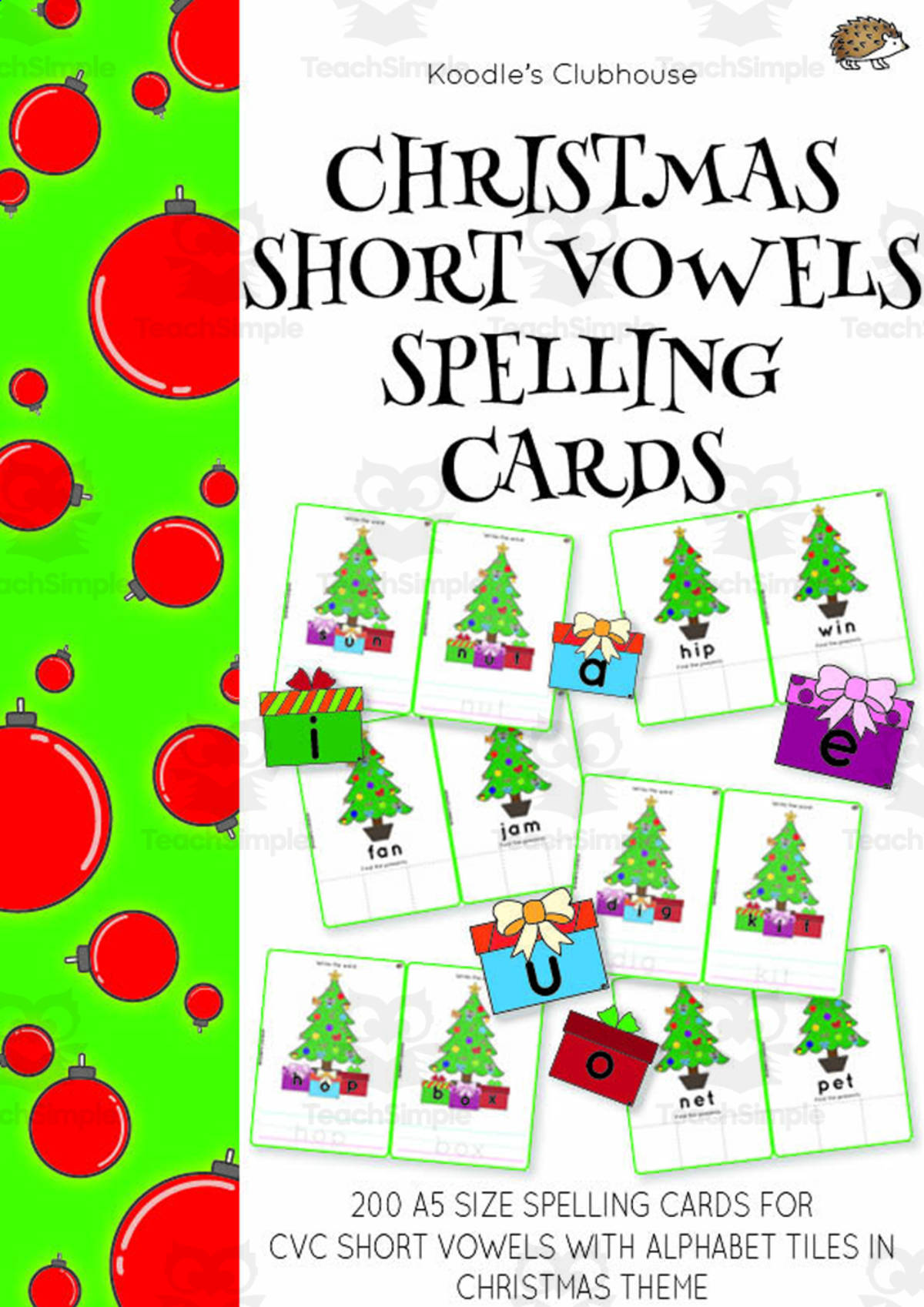 An educational teaching resource from Koodles Clubhouse entitled Christmas Short Vowels Spelling Cards downloadable at Teach Simple.