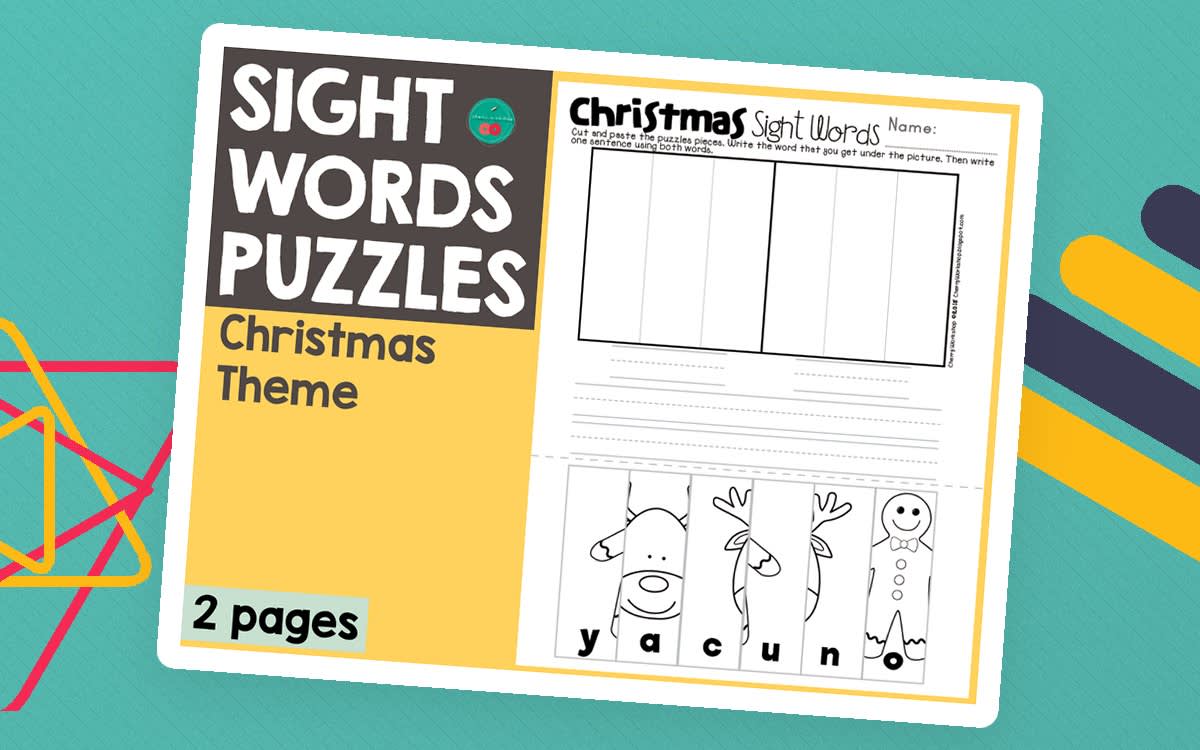 An educational teaching resource from Cherry Workshop entitled Christmas Sight Word Puzzles downloadable at Teach Simple.
