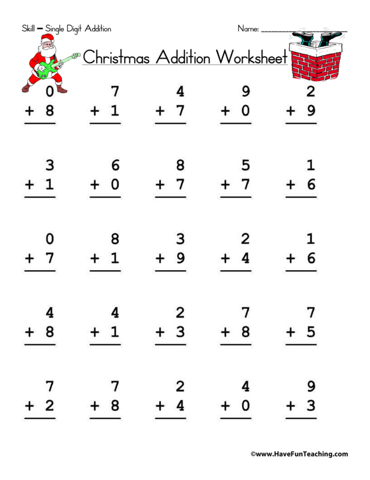 An educational teaching resource from Have Fun Teaching entitled Christmas Single Digit Addition Worksheet downloadable at Teach Simple.
