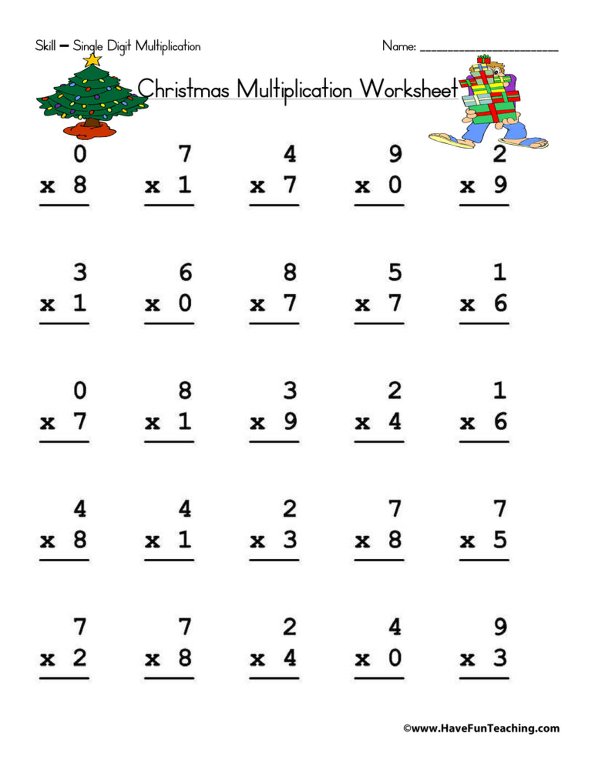 An educational teaching resource from Have Fun Teaching entitled Christmas Single Digit Multiplication Worksheet downloadable at Teach Simple.