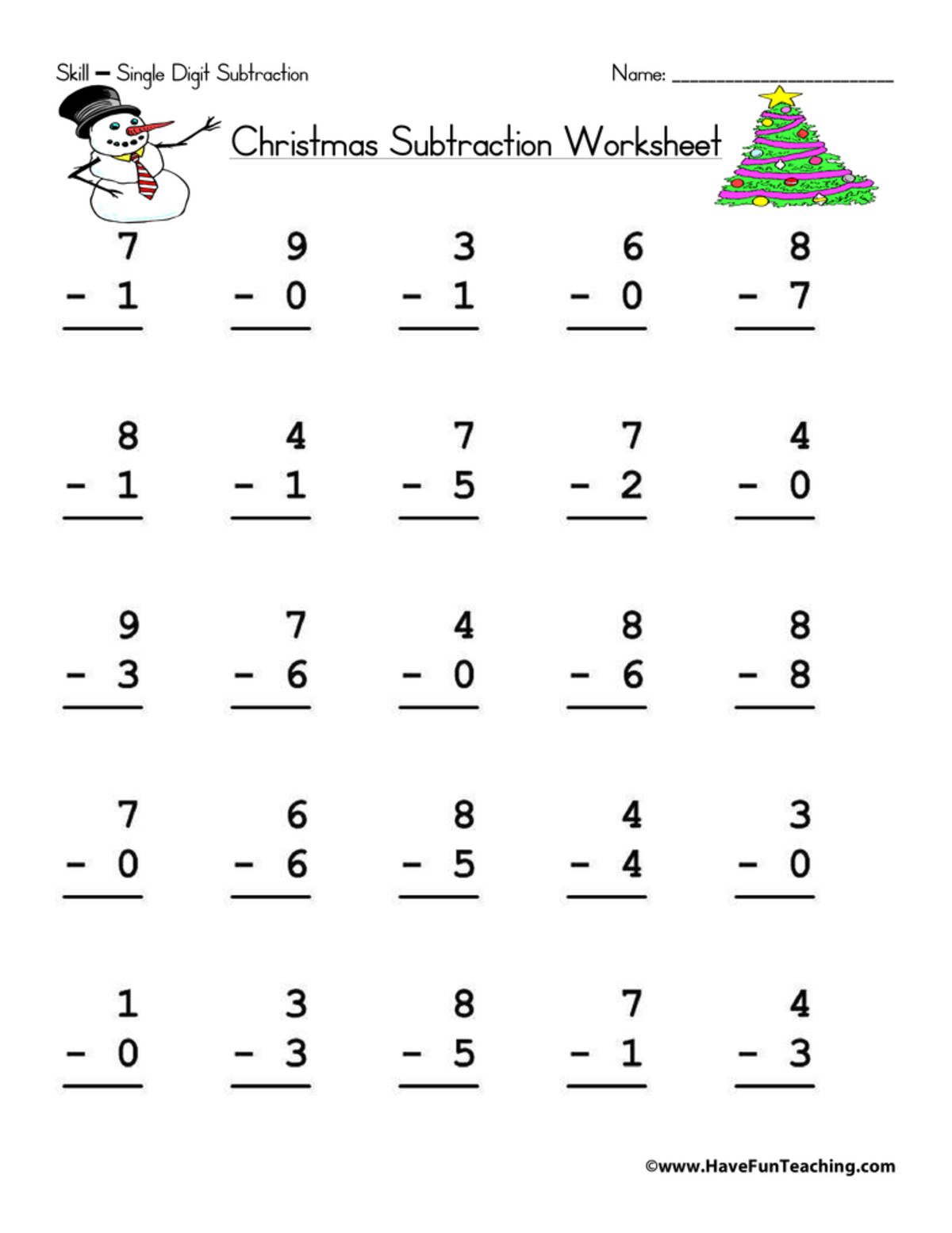 An educational teaching resource from Have Fun Teaching entitled Christmas Single Digit Subtraction Worksheet downloadable at Teach Simple.