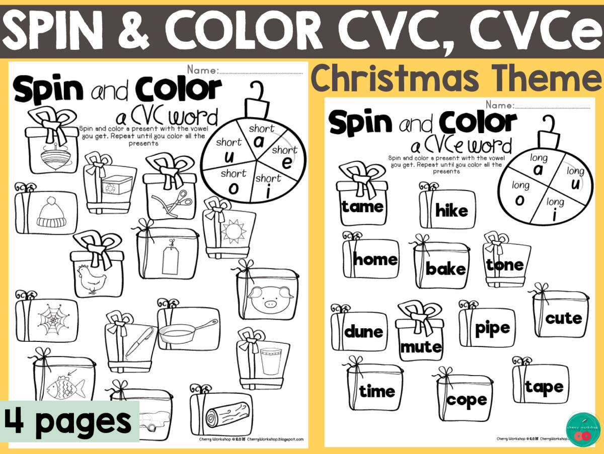 An educational teaching resource from Cherry Workshop entitled Christmas Spin & Color CVC, CVCe downloadable at Teach Simple.