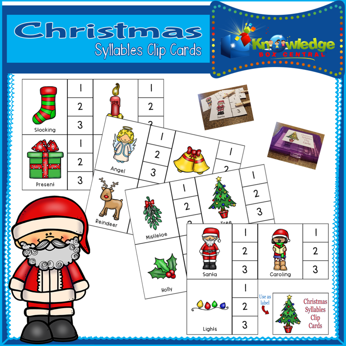 An educational teaching resource from Knowledge Box Central entitled Christmas Syllables Clip Cards - EBOOK downloadable at Teach Simple.