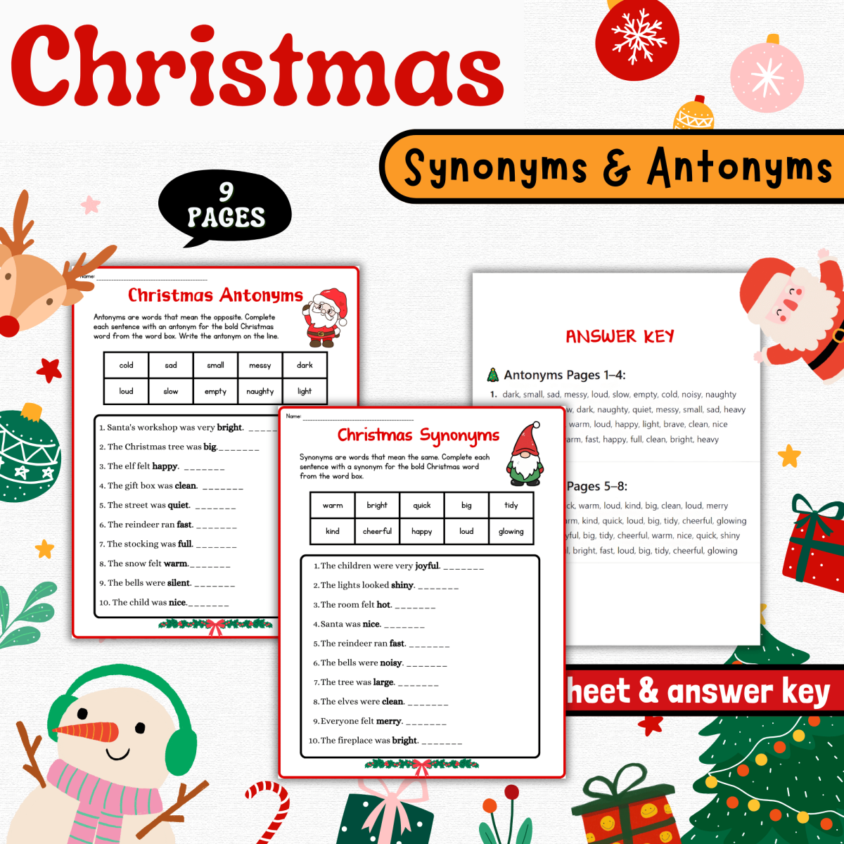 An educational teaching resource from Sadigitalart entitled Christmas Synonyms & Antonyms Worksheets | 2nd–3rd Grammar Practice Ac downloadable at Teach Simple.