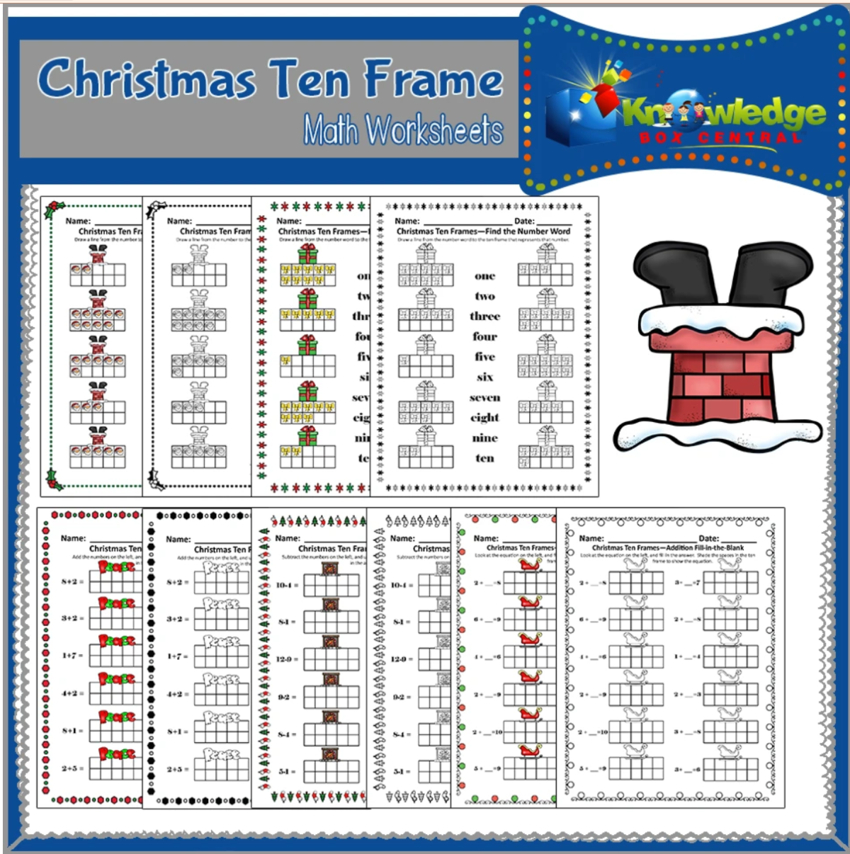 An educational teaching resource from Knowledge Box Central entitled Christmas Ten Frame Math Worksheets - EBOOK downloadable at Teach Simple.