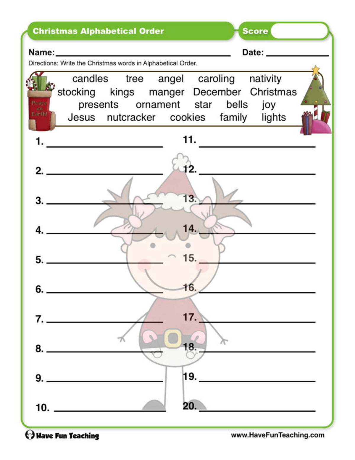 An educational teaching resource from Have Fun Teaching entitled Christmas Words Alphabetical Order Worksheet downloadable at Teach Simple.