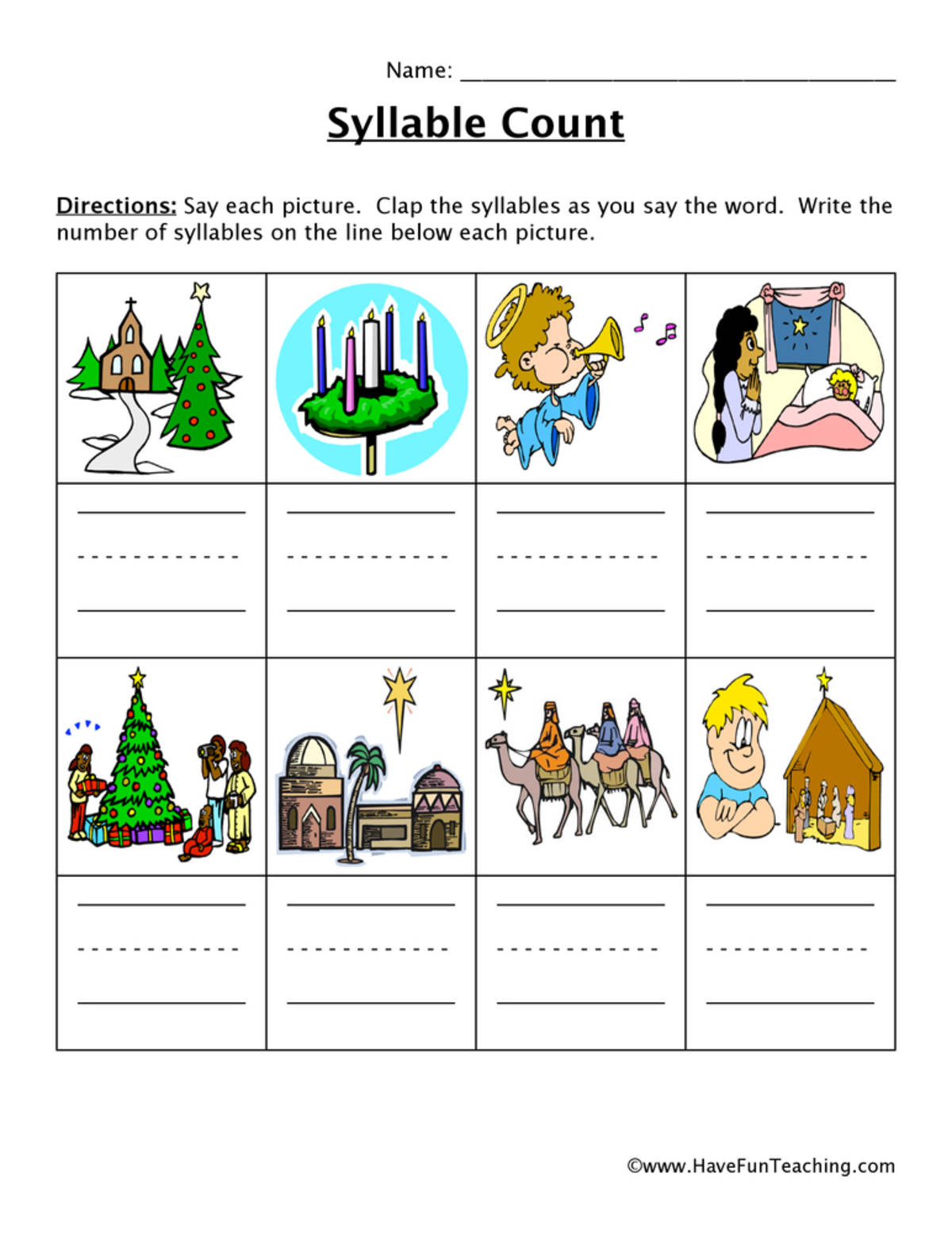 An educational teaching resource from Have Fun Teaching entitled Christmas Words Syllable Worksheet downloadable at Teach Simple.