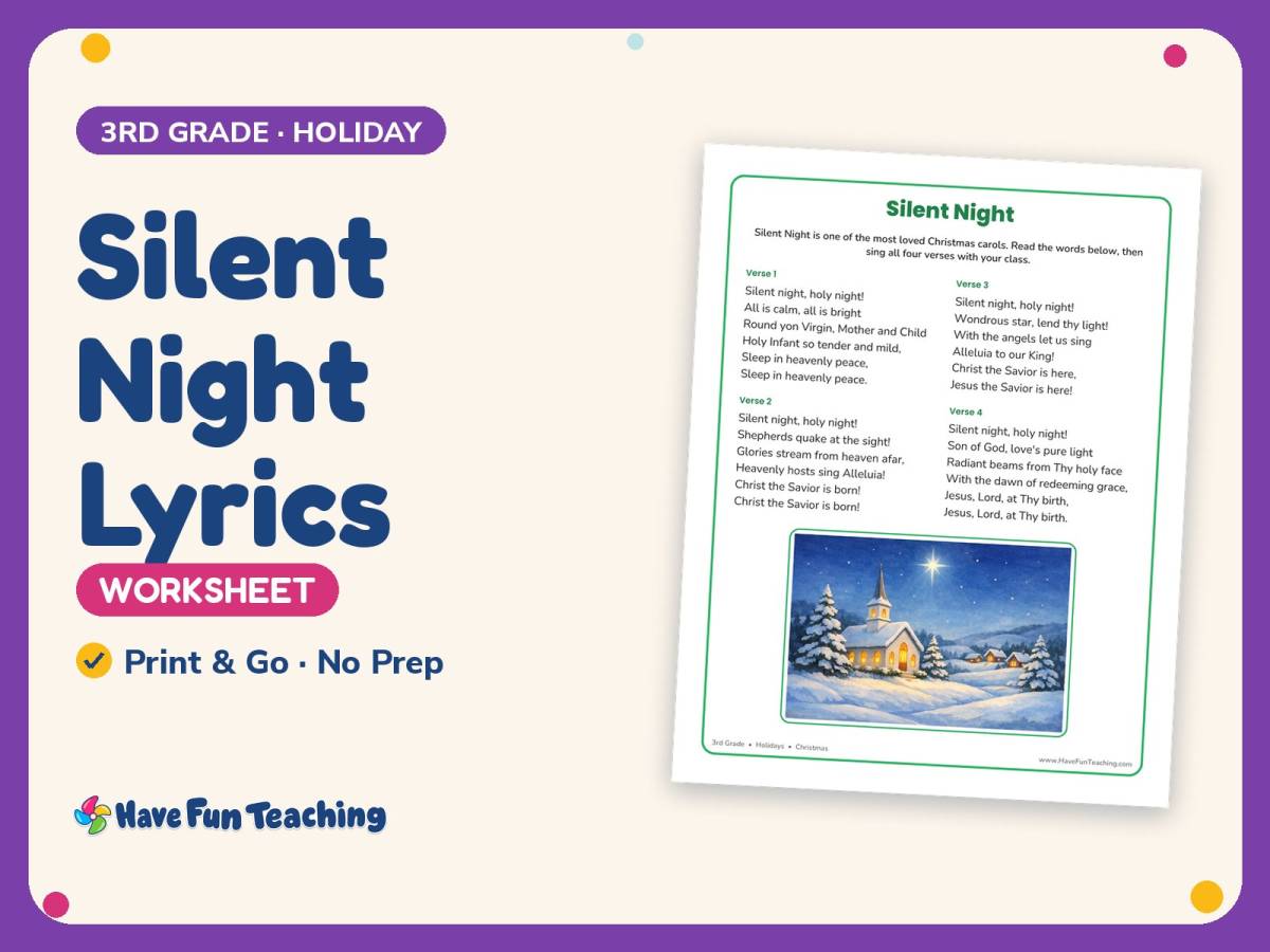 Christmas Worksheet: Silent Night Lyrics – 3rd Grade Holiday Practice preview