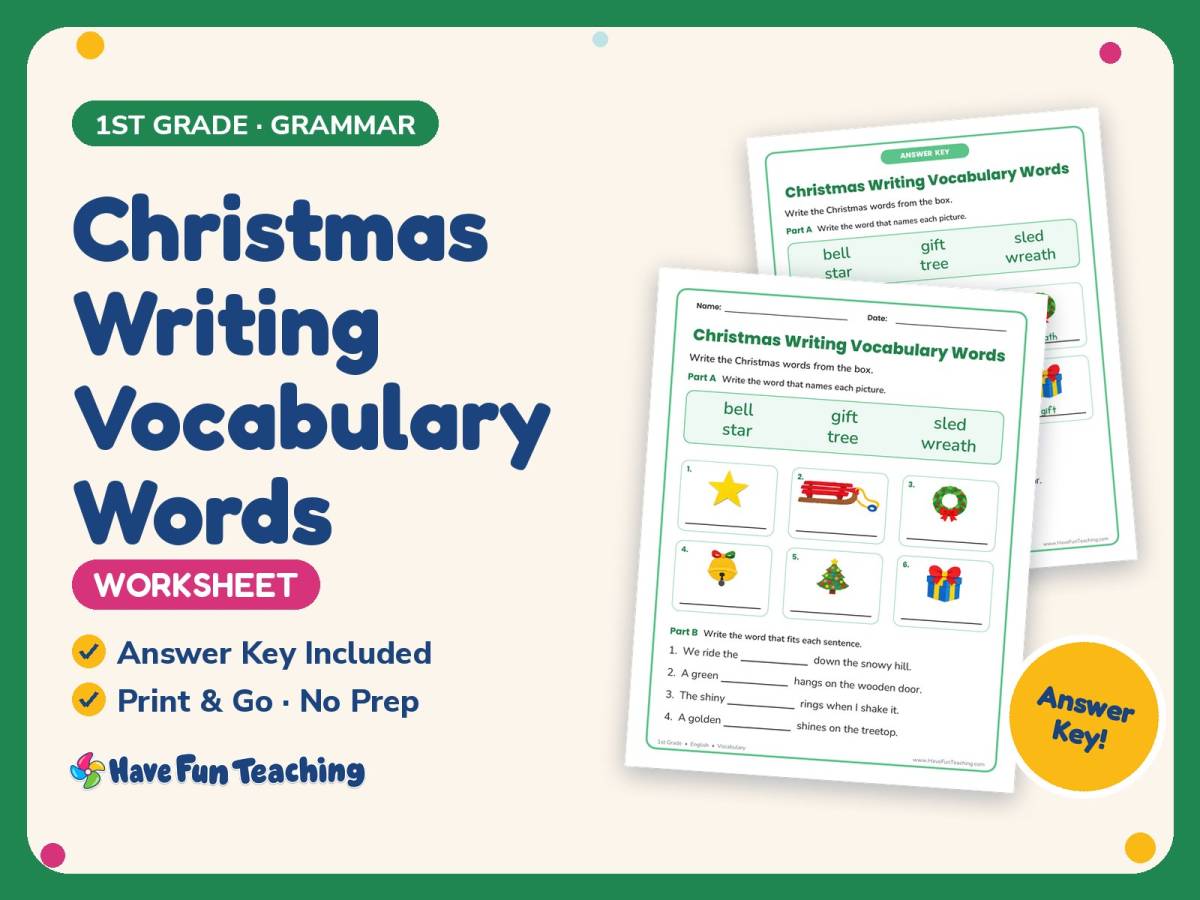 Christmas Writing Vocabulary Words Worksheet – 1st Grade Grammar preview