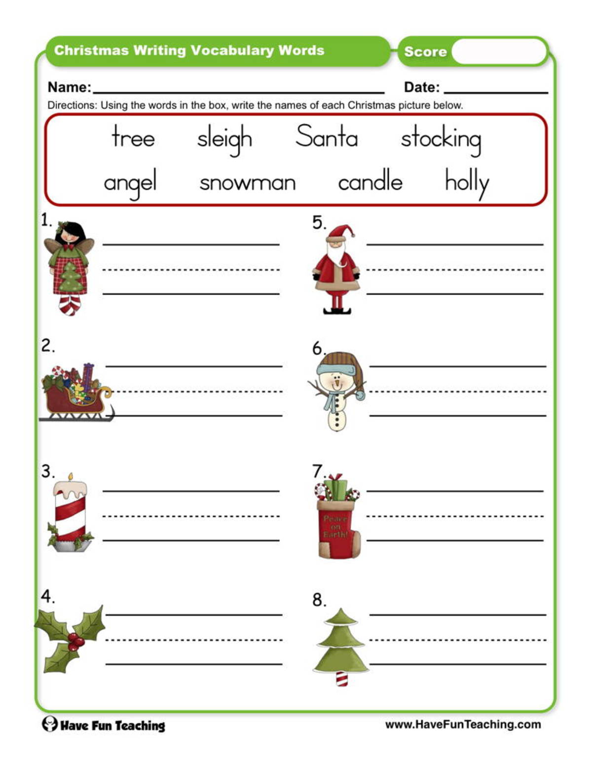 An educational teaching resource from Have Fun Teaching entitled Christmas Writing Vocabulary Words Worksheet downloadable at Teach Simple.