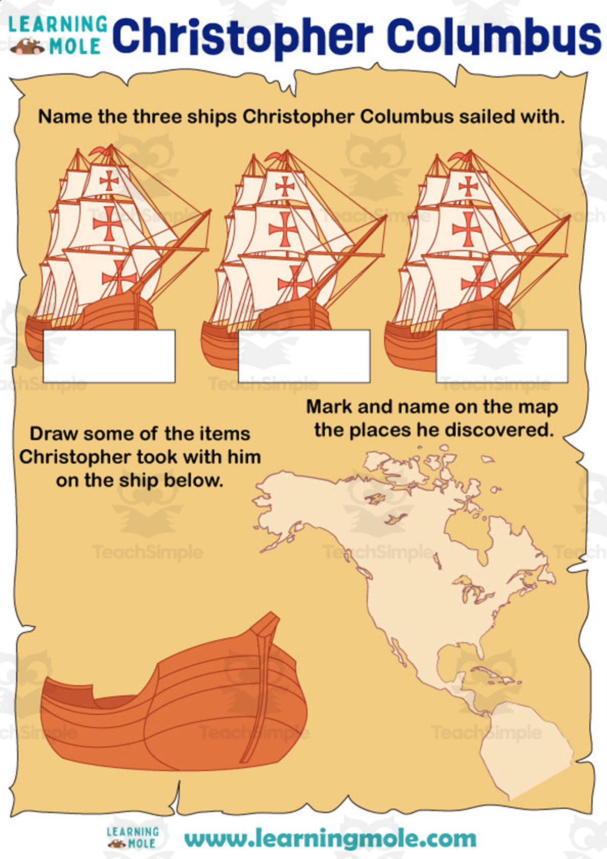 An educational teaching resource from Educational Voice entitled Christopher Columbus Activity downloadable at Teach Simple.