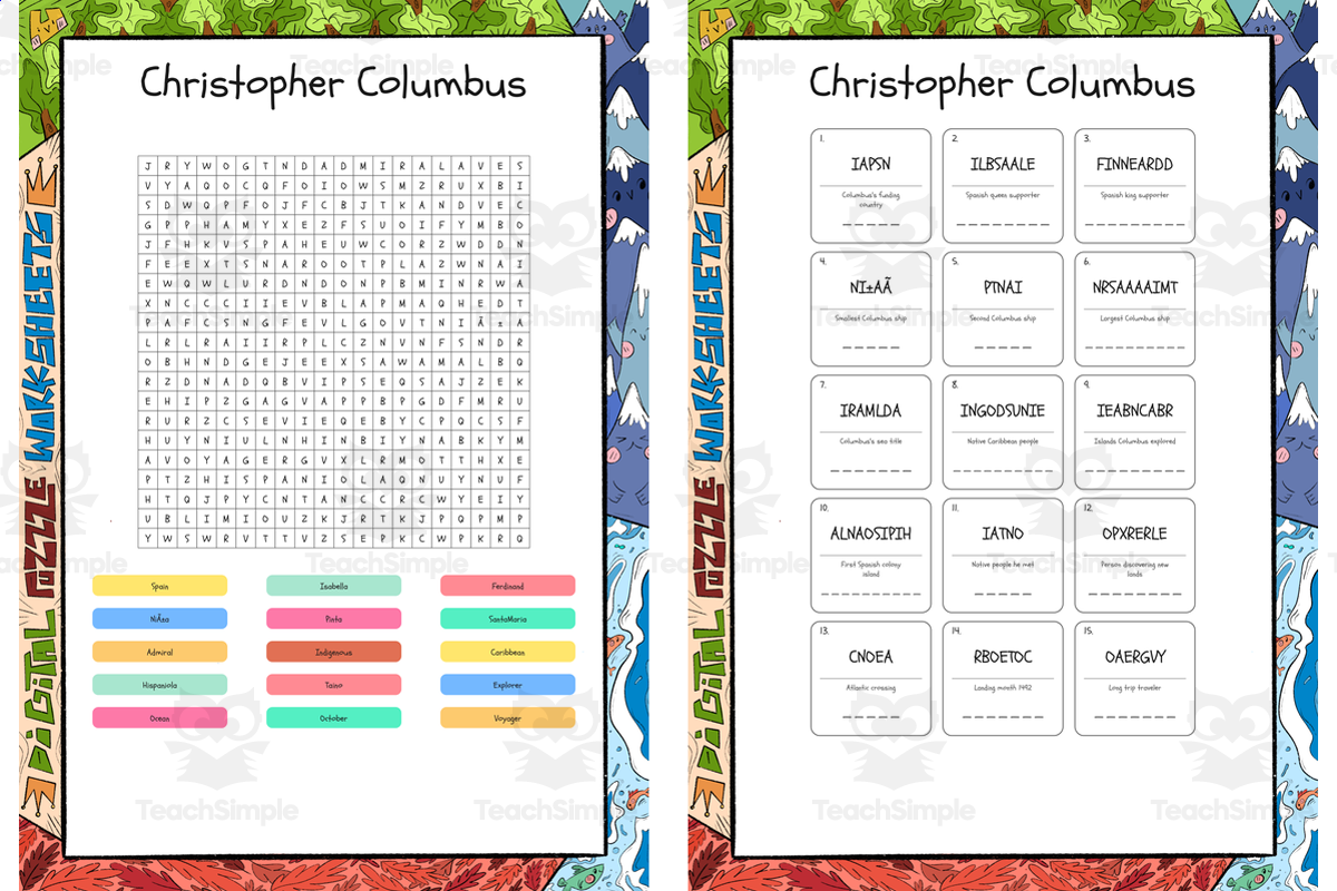 An educational teaching resource from Lapiiin Art Activities entitled Christopher Columbus word search, scramble and crossword puzzle downloadable at Teach Simple.