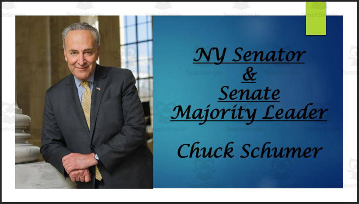 An educational teaching resource from Mr. Matthews Teacher Store entitled Chuck Schumer (NY Senator & Senate Majority Leader) BIO PPT downloadable at Teach Simple.