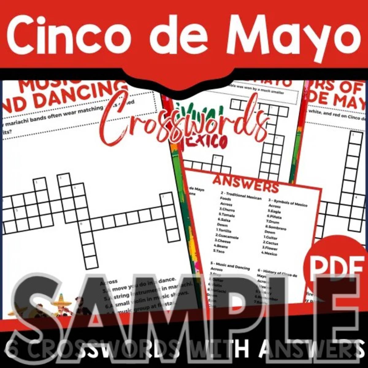 An educational teaching resource from Cored Education entitled Cinco de Mayo Crossword: 1 Page Sample (PDF) downloadable at Teach Simple.