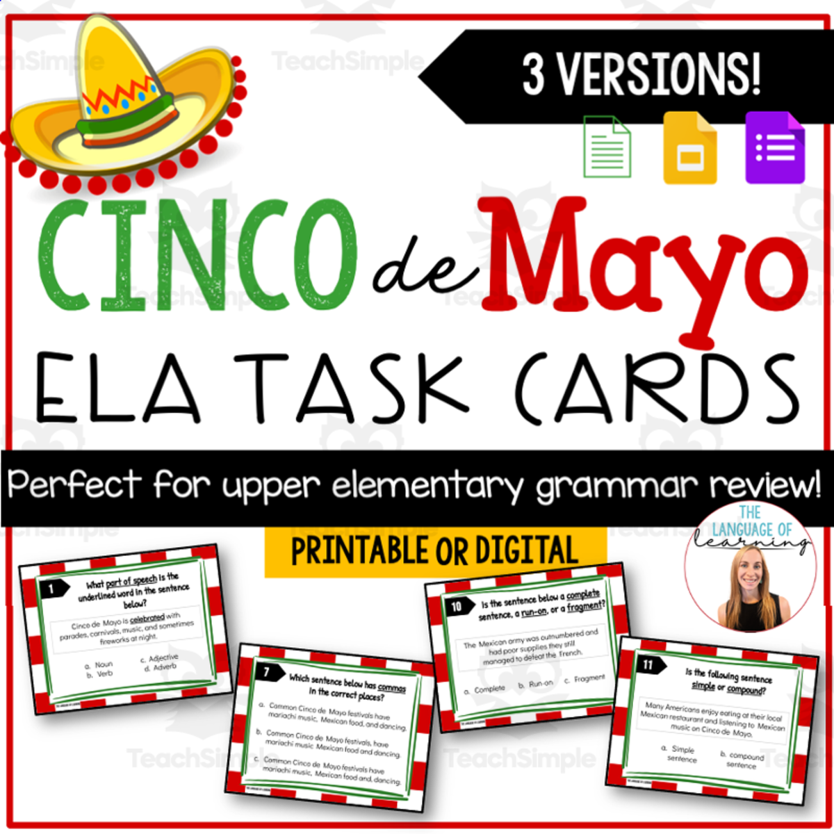An educational teaching resource from The Language of Learning entitled Cinco de Mayo ELA Task Cards downloadable at Teach Simple.