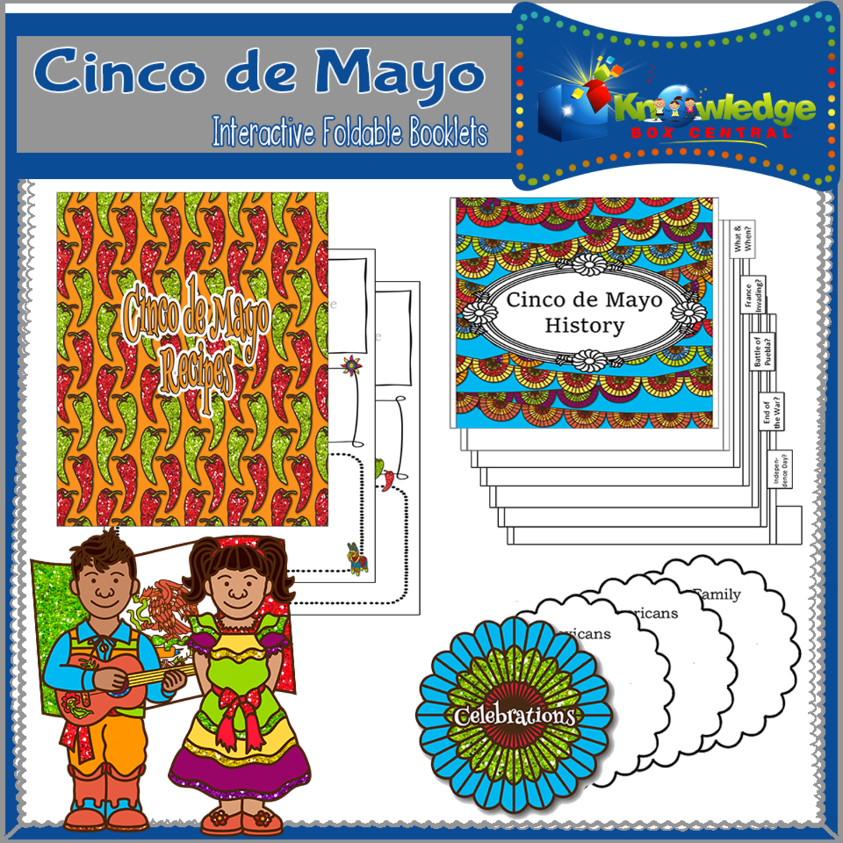 An educational teaching resource from Knowledge Box Central entitled Cinco de Mayo Interactive Foldable Booklets – EBOOK downloadable at Teach Simple.