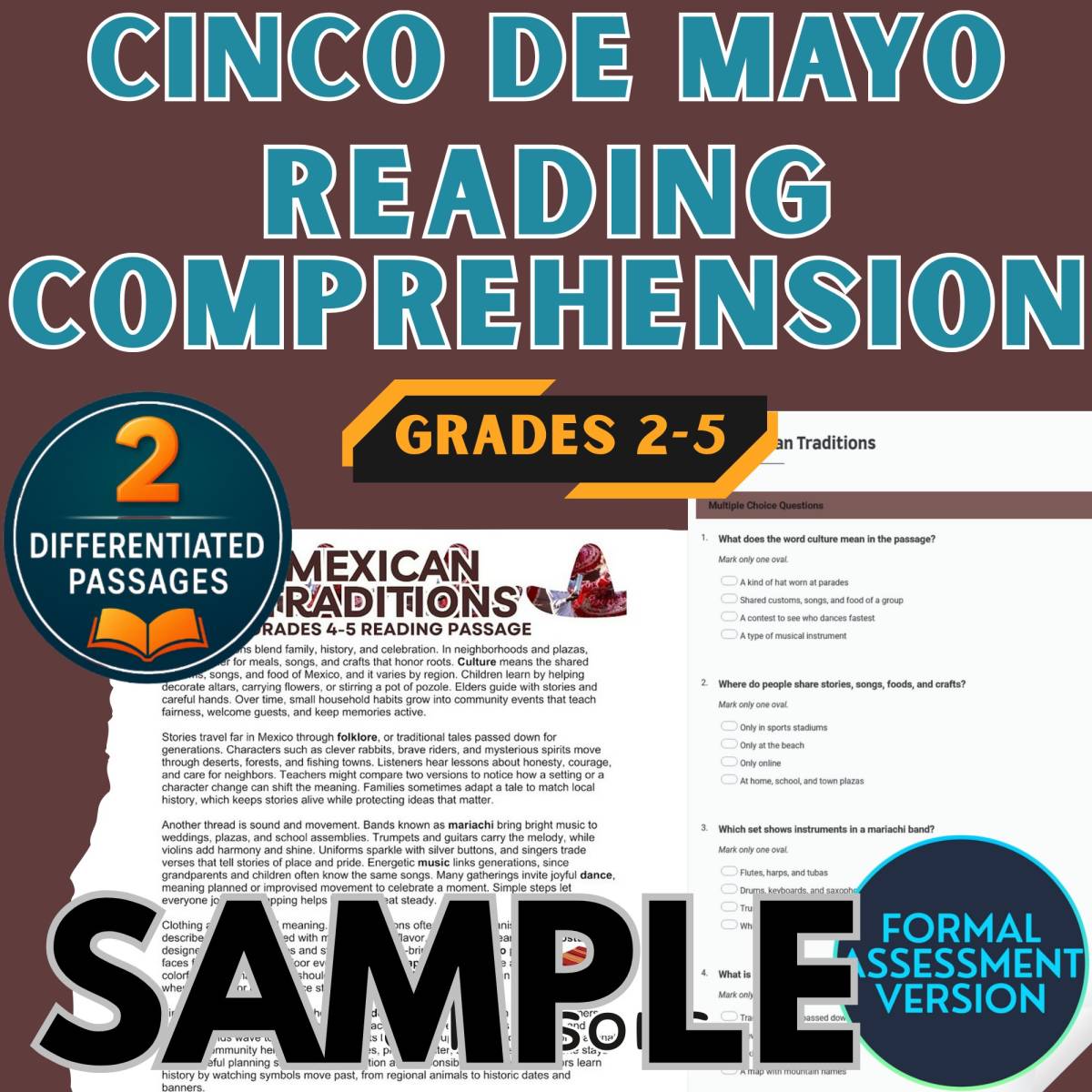 An educational teaching resource from Cored Education entitled Cinco de Mayo Reading 1 Passage Sample Formal Assessments downloadable at Teach Simple.