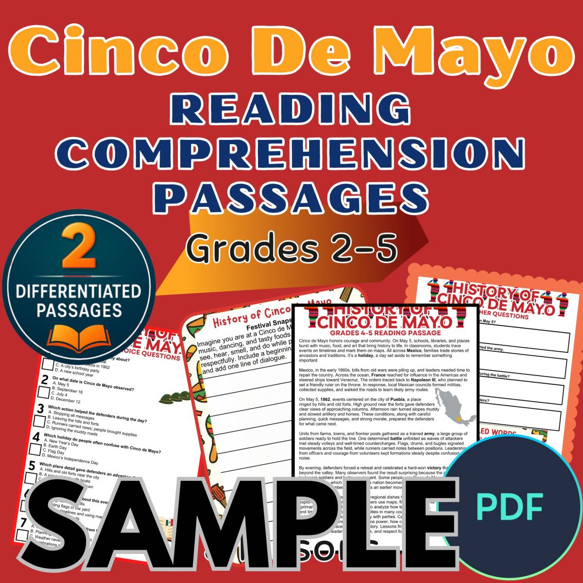 An educational teaching resource from Cored Education entitled Cinco de Mayo Reading Comprehension 1 Passage Sample PDF downloadable at Teach Simple.