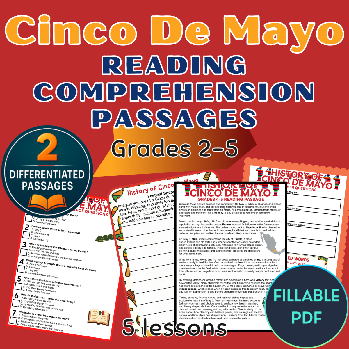 An educational teaching resource from Cored Education entitled Cinco de Mayo Reading Comprehension Fillable PDF downloadable at Teach Simple.