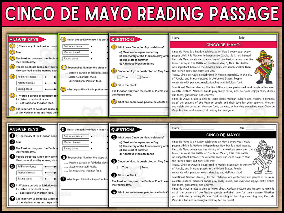 An educational teaching resource from Wonderland School entitled Cinco De Mayo Reading Comprehension Passage and Questions downloadable at Teach Simple.