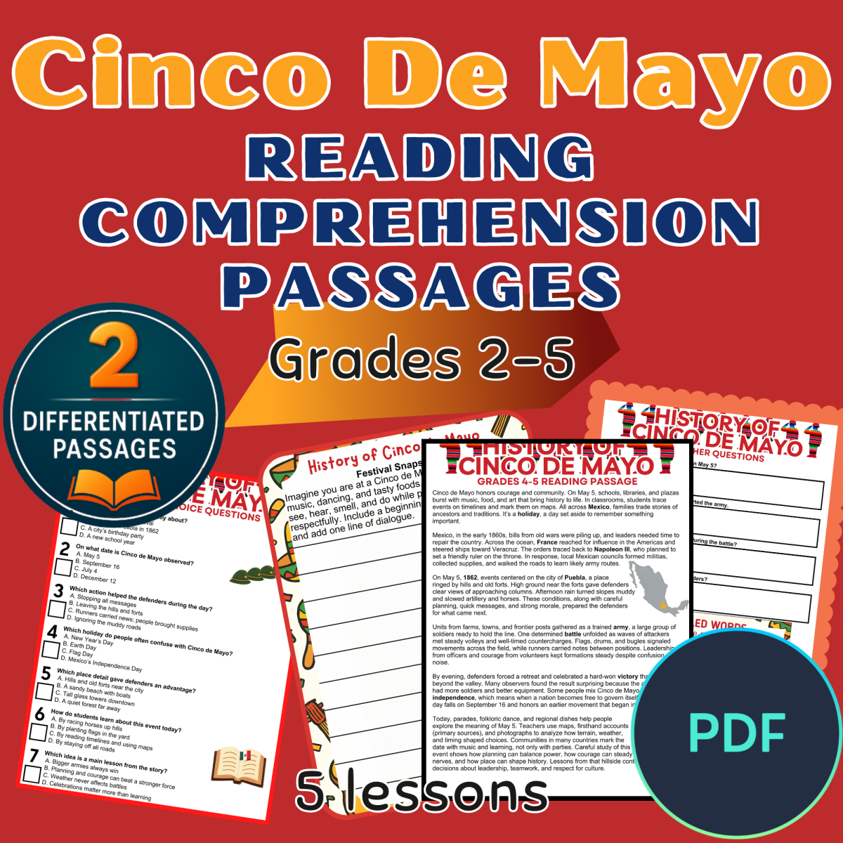 An educational teaching resource from Cored Education entitled Cinco de Mayo Reading Comprehension Passages and Questions PDF downloadable at Teach Simple.