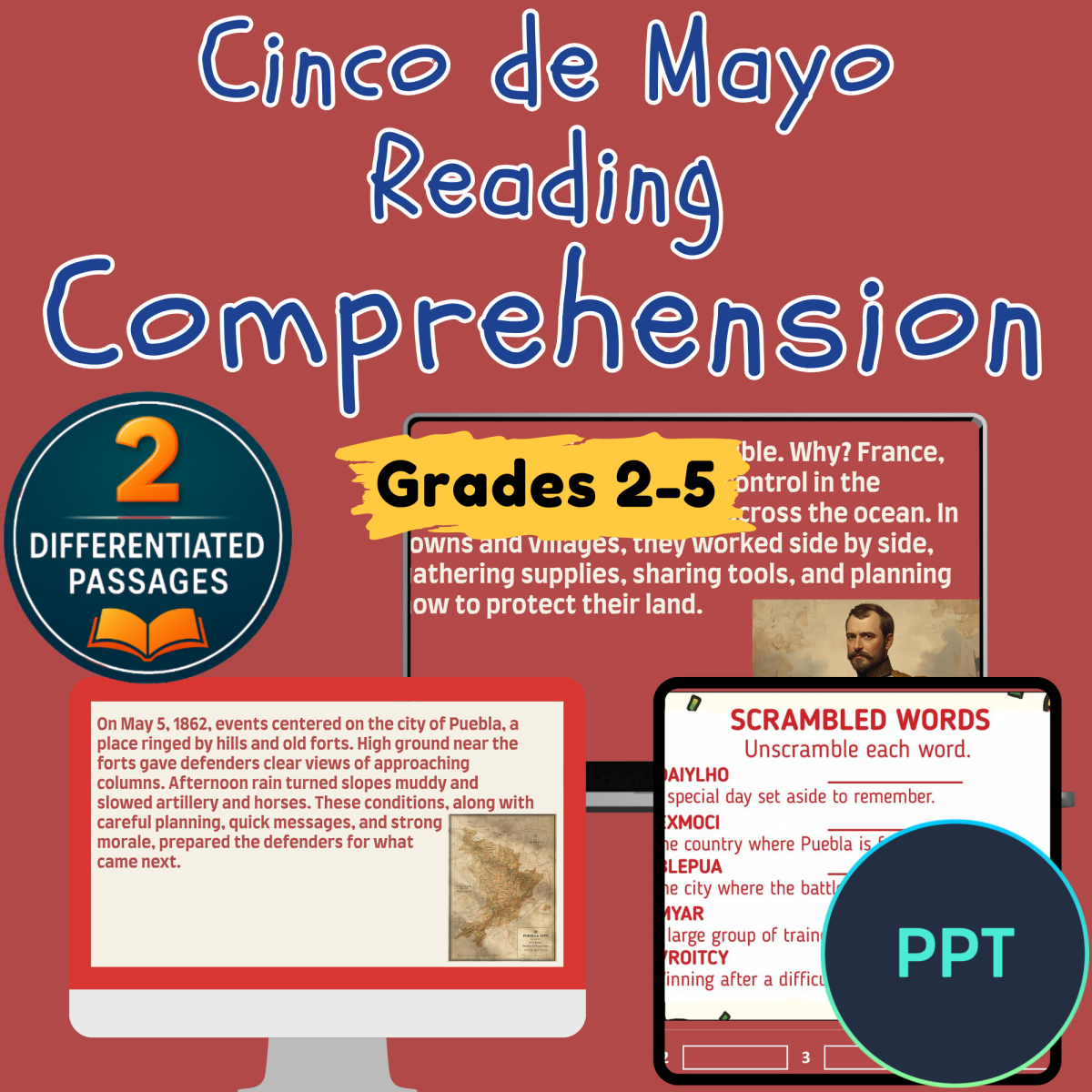 An educational teaching resource from Cored Education entitled Cinco de Mayo Reading Comprehension Passages and Questions PowerPoints downloadable at Teach Simple.