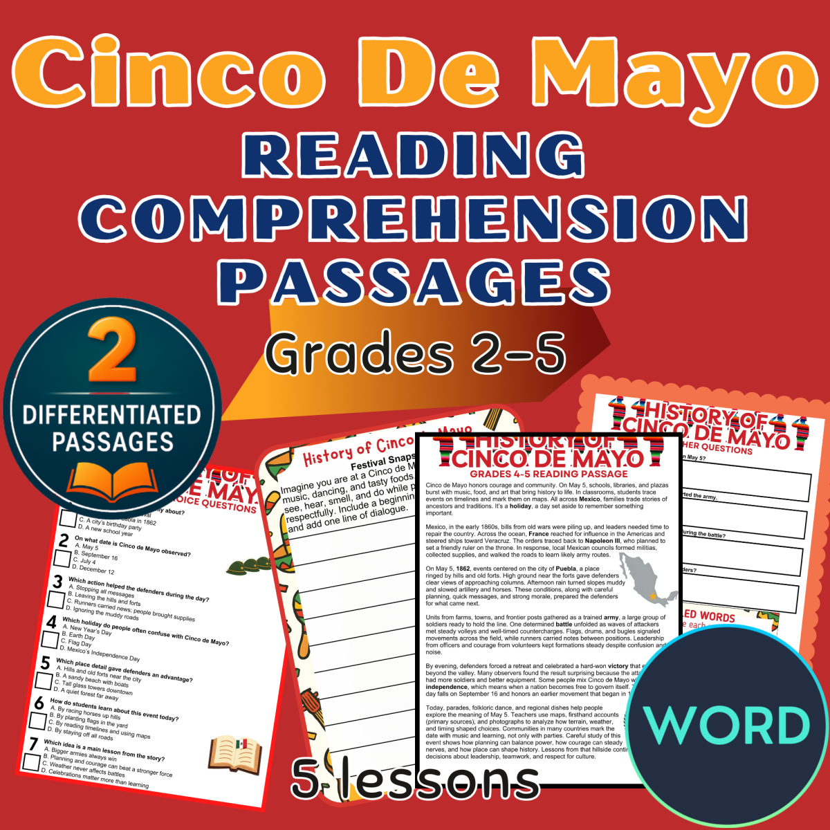 An educational teaching resource from Cored Education entitled Cinco de Mayo Reading Comprehension Passages and Questions Word downloadable at Teach Simple.