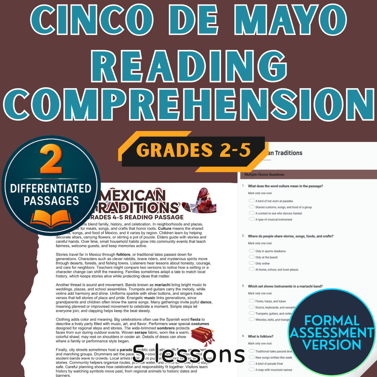 An educational teaching resource from Cored Education entitled Cinco de Mayo Reading Comprehension Passages Formal Assessments downloadable at Teach Simple.