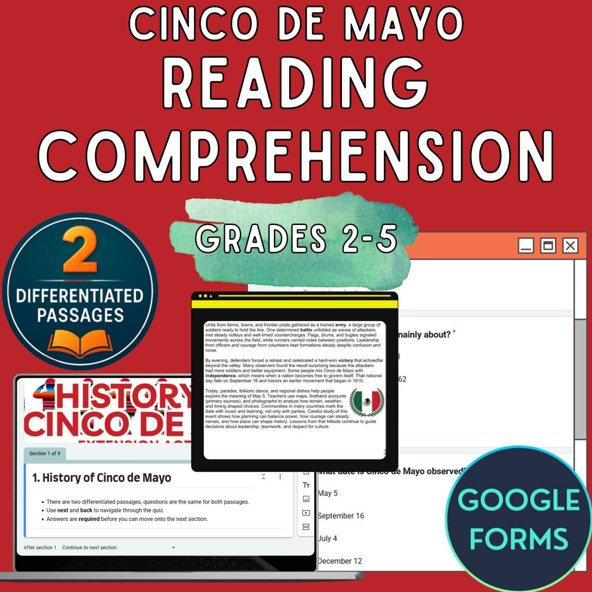 An educational teaching resource from Cored Education entitled Cinco de Mayo Reading Comprehension Passages Google Forms downloadable at Teach Simple.