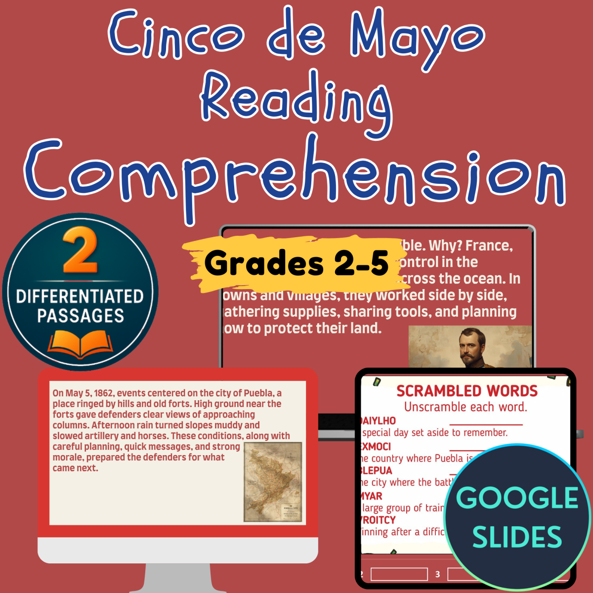 An educational teaching resource from Cored Education entitled Cinco de Mayo Reading Comprehension Passages Google Slides downloadable at Teach Simple.