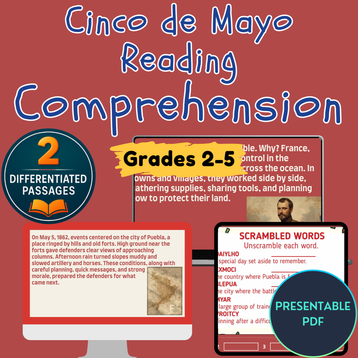 An educational teaching resource from Cored Education entitled Cinco de Mayo Reading Comprehension Passages Presentable PDF downloadable at Teach Simple.