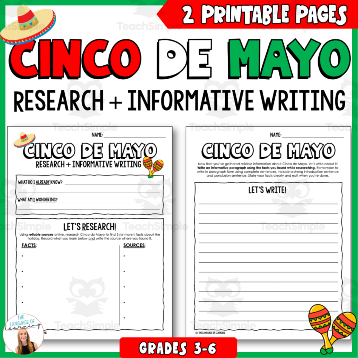 An educational teaching resource from The Language of Learning entitled Cinco de Mayo Research and Informative Writing downloadable at Teach Simple.
