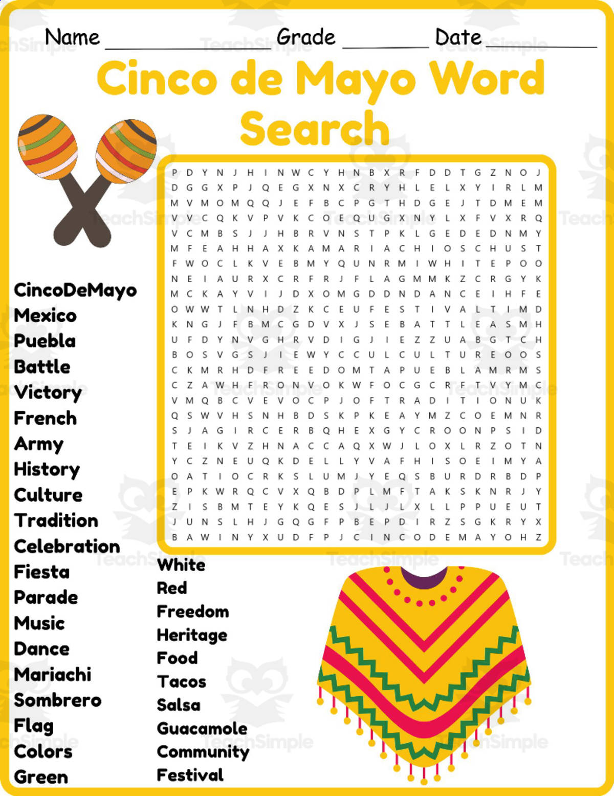 An educational teaching resource from Classsimple entitled Cinco de Mayo Word Search 2nd 3rd 4th 5th Grade Worksheet Activity downloadable at Teach Simple.