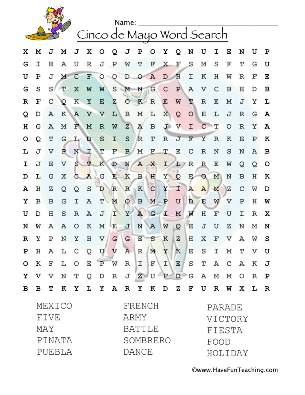 An educational teaching resource from Have Fun Teaching entitled Cinco de Mayo Word Search Worksheet downloadable at Teach Simple.