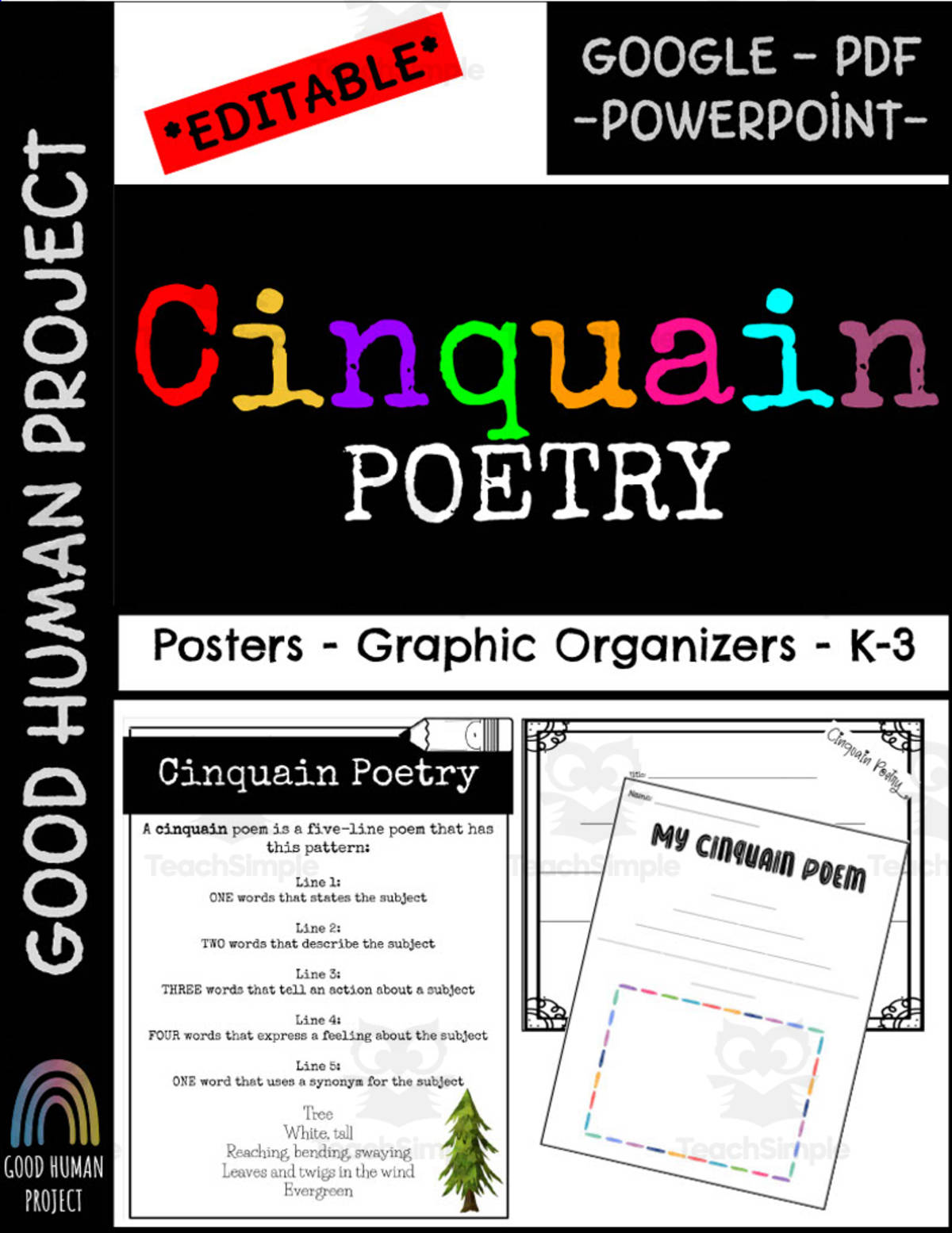 An educational teaching resource from Good Human Project entitled Cinquain Poetry – Posters & Graphic Organizers downloadable at Teach Simple.