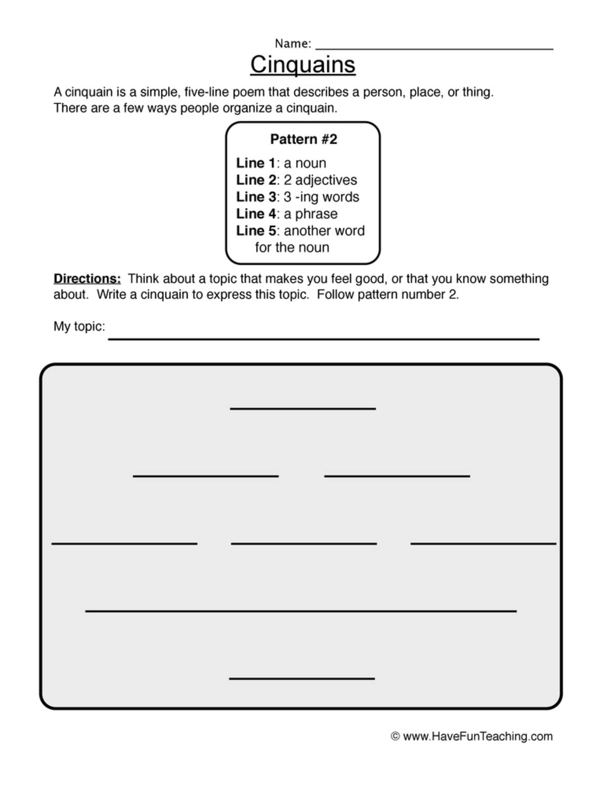 An educational teaching resource from Have Fun Teaching entitled Cinquain Worksheet - Pattern 2 downloadable at Teach Simple.