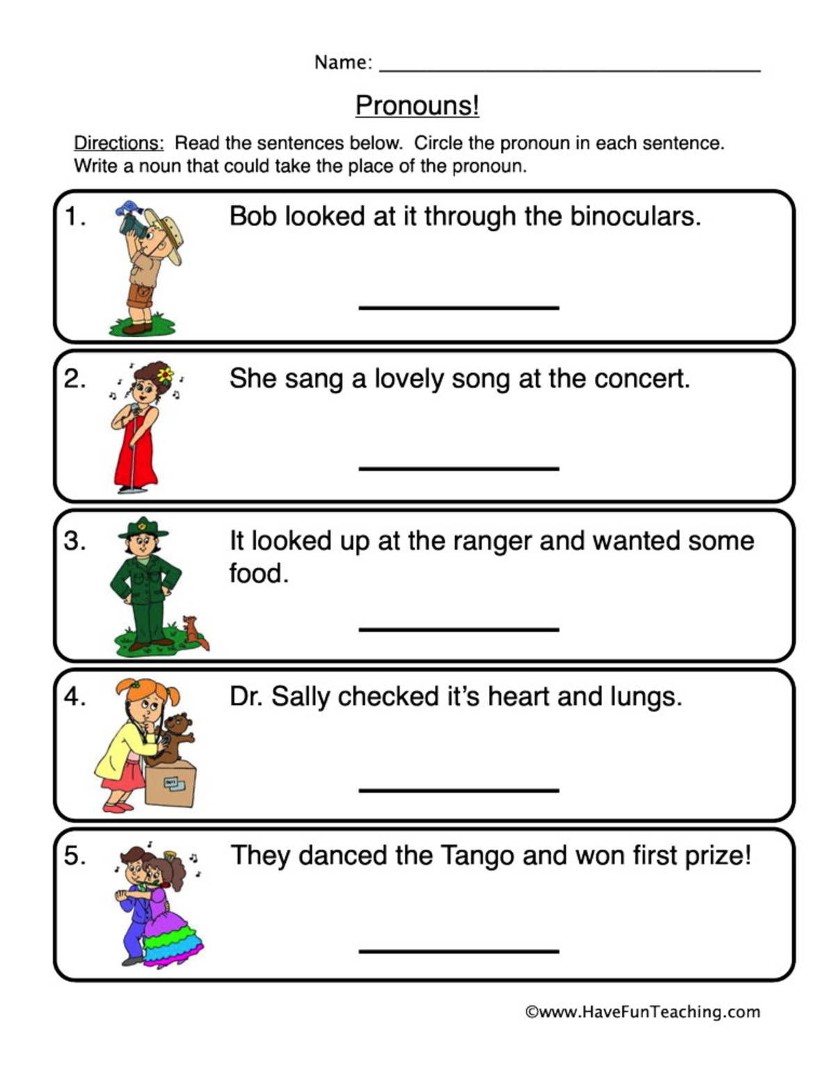 An educational teaching resource from Have Fun Teaching entitled Circle and Write Pronouns Worksheet downloadable at Teach Simple.