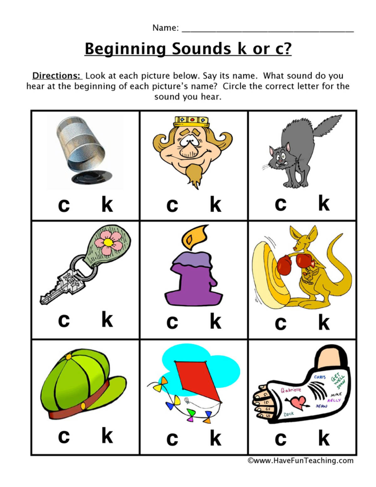 An educational teaching resource from Have Fun Teaching entitled Circle Beginning Sounds K-C Worksheet downloadable at Teach Simple.
