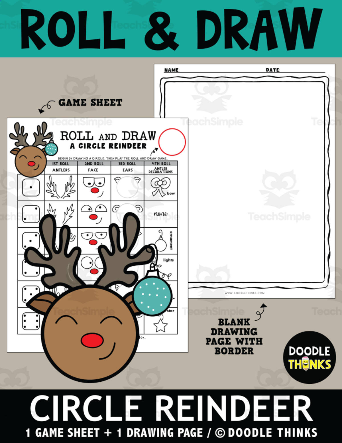 An educational teaching resource from Doodle Thinks entitled Circle Shape Reindeer Roll and Draw Game Sheet downloadable at Teach Simple.