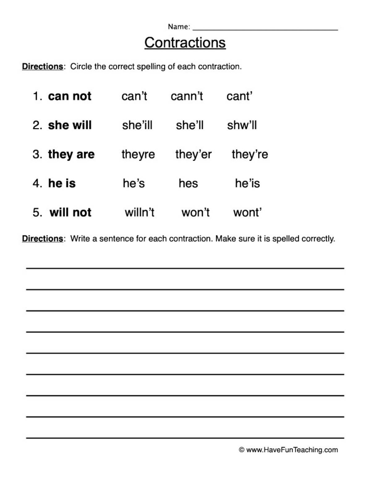 An educational teaching resource from Have Fun Teaching entitled Circling Contractions Worksheet downloadable at Teach Simple.