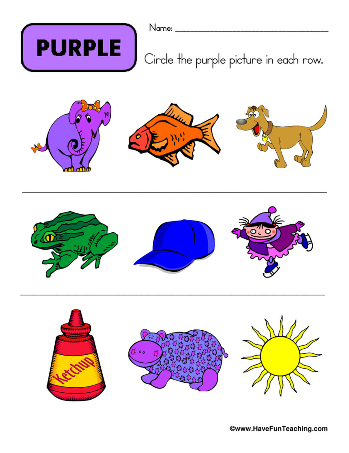 An educational teaching resource from Have Fun Teaching entitled Circling Examples of Purple Worksheet downloadable at Teach Simple.