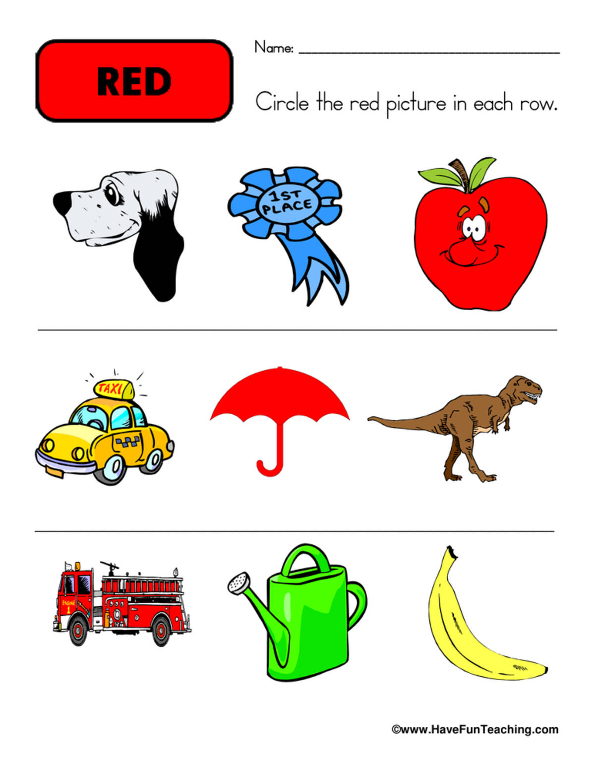 An educational teaching resource from Have Fun Teaching entitled Circling Examples of Red Worksheet downloadable at Teach Simple.