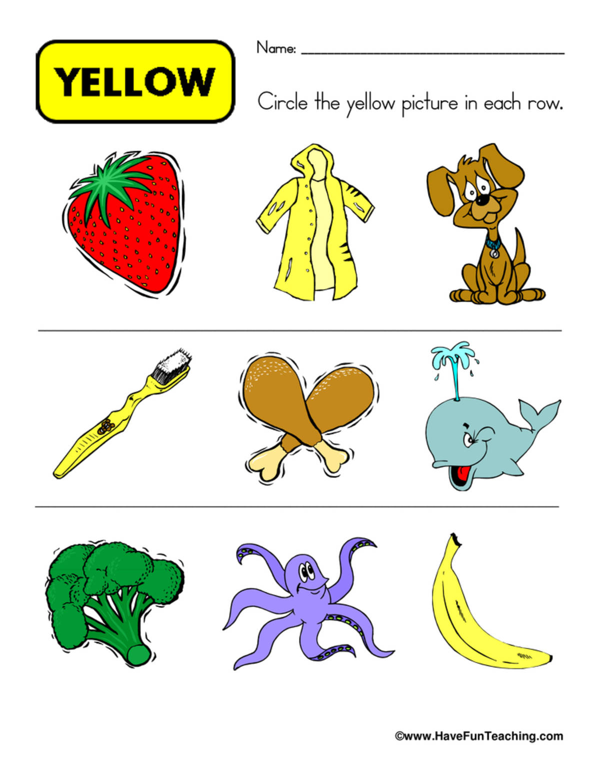 An educational teaching resource from Have Fun Teaching entitled Circling Examples of Yellow Worksheet downloadable at Teach Simple.